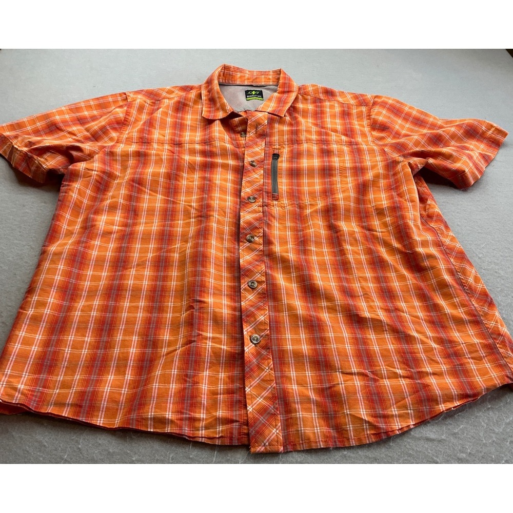North River Mens Shirt XXL Orange Plaid Short Sleeve Zip Pocket Hiking Outdoor